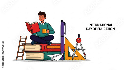 Vector illustration of a student reading a book amidst school supplies, celebrating the importance of education and continuous lifelong learning