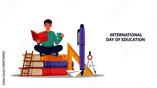 Young person studying atop books with educational tools, embodying the global spirit of learning, knowledge pursuit, and academic development