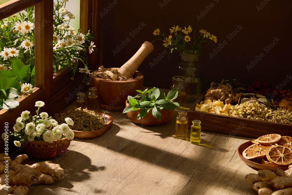 Fototapeta premium This scene combines dried herbs, fresh plants, and traditional bowls on a wooden table. The window light, concept of herbal and eastern medicine ingredients. Space for product display