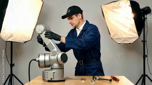 Technician working on a robotic arm in a studio setting.