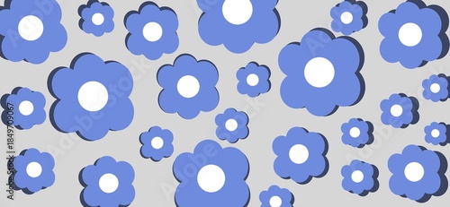 Simple style large and small flowers with subtle shadows, gentle cute wallpaper, soft playful wide background