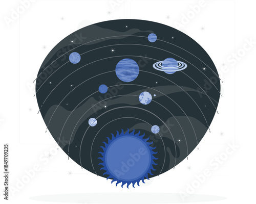 Solar system with planets and sun in blue tones space desi