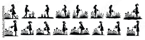 Multiple silhouettes of girls watering plants and flowers