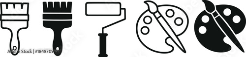 Painting Tools in Silhouette: A set of essential painting tools is displayed in a striking silhouette, which is brush, roller, palette and paint, ready to bring your artistic visions to life. 