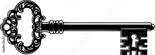 Ornate antique skeleton key silhouette with intricate detailing on the bow and bit for unlocking secrets