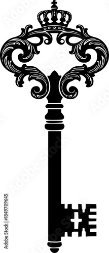 Ornate antique skeleton key silhouette with intricate detailing on the bow and bit for unlocking secrets