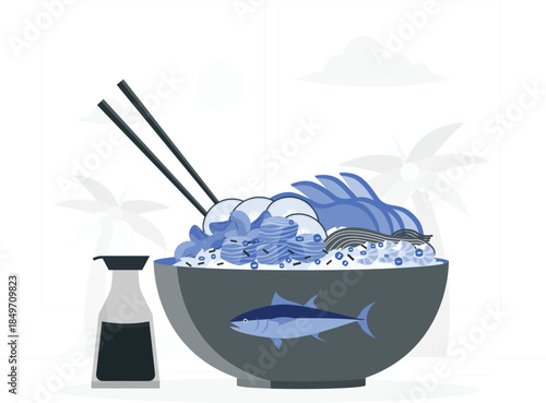 Sushi bowl with chopsticks and soy sauce fish desig