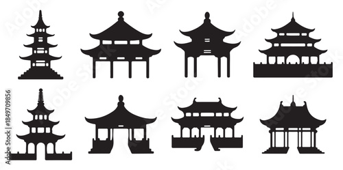 nine black silhouettes of asian style temples pagodas