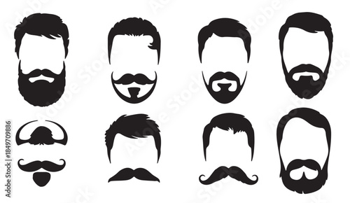 nine black silhouettes of mens hairstyles and facial hair