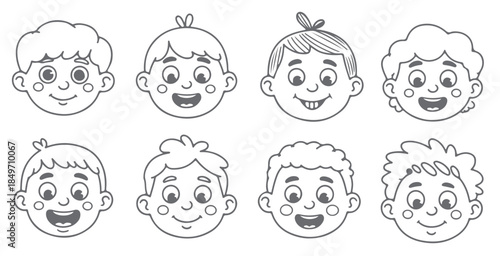 nine gray scale cartoon boy head silhouettes diverse