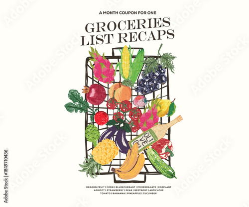 Groceries list design. Fresh vegan food. Vegetable love club. Vegetable set design. Organic vegetable farm. Local vegetable market artwork for t shirt print, poster, sticker and other uses.