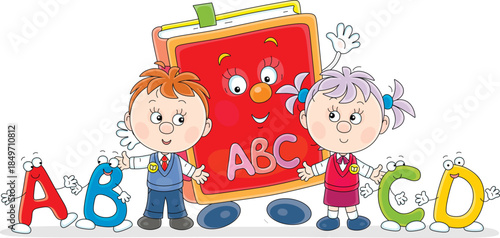 Little schoolchildren and a cartoon character ABC book with funny toy letters of an alphabet, vector illustration on white