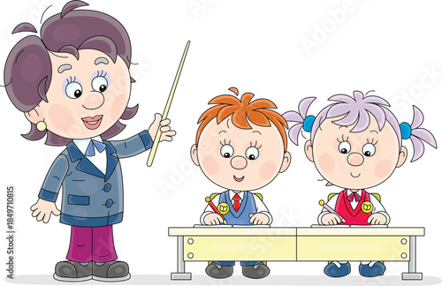School teacher explaining a task and little schoolgirl with schoolboy writing a test in their exercise books at a lesson in a classroom of a primary school, vector cartoon illustration on white