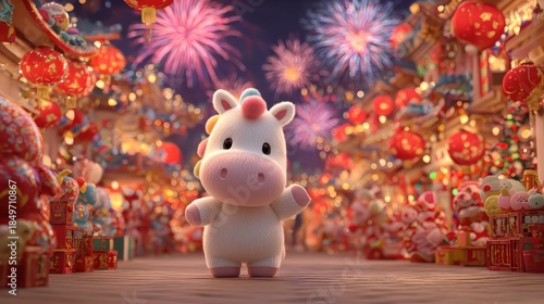 Cute cartoon horse celebrating chinese new year with fireworks