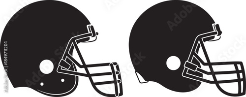 Two black american football helmets side view silhouettes isolated on white background