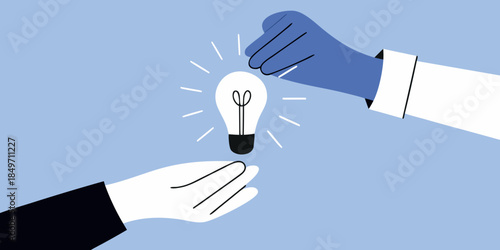 Sharing a bright idea two hands connecting around a glowing lightbulb