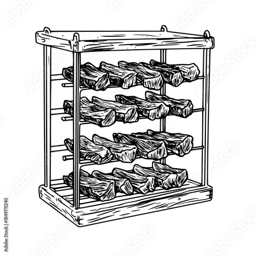 Artisanal Biltong Drying Rack, Wooden Slats, Rustic Charm | Clean, isolated vector art for creative projects.