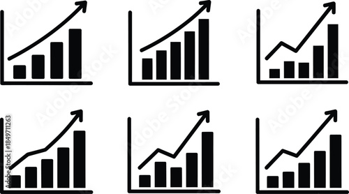 Six black and white bar graphs with upward trending lines illustrating growth and progress.
