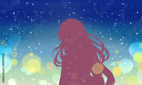 外出する女性　冬　雪　シルエット