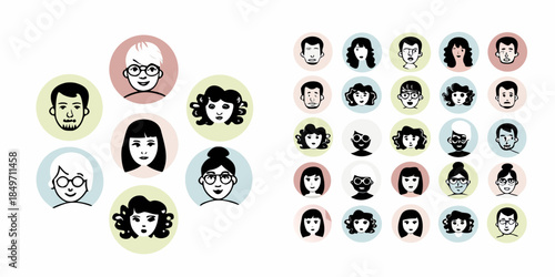 Diverse group of illustrated faces within circular frames showing various hairstyles