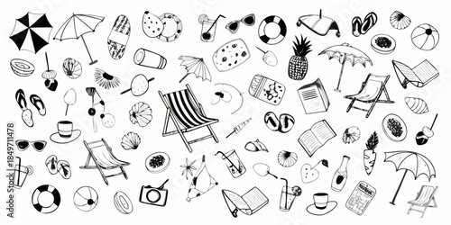 A collection of hand drawn summer items and beach accessories in monochrome