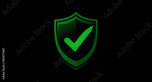 green shield icon with verification check, secure safety approval badge, trusted defense compliance symbol, cybersecurity validation protection icon, data security trust badge, green system approval s