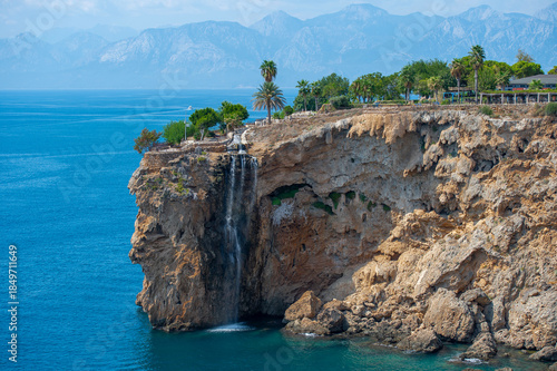 Beautiful view of the waterfall on the rock in Antalya, Turkey