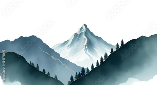 mountain landscape with snow illustration, winter alpine mountain art, snow capped peaks drawing style, cold winter mountain illustration, frozen alpine mountain artwork, white snowy mountain illustra