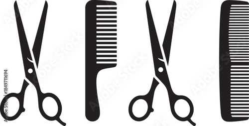 Four black hairdressing tools scissors and combs isolated on white background