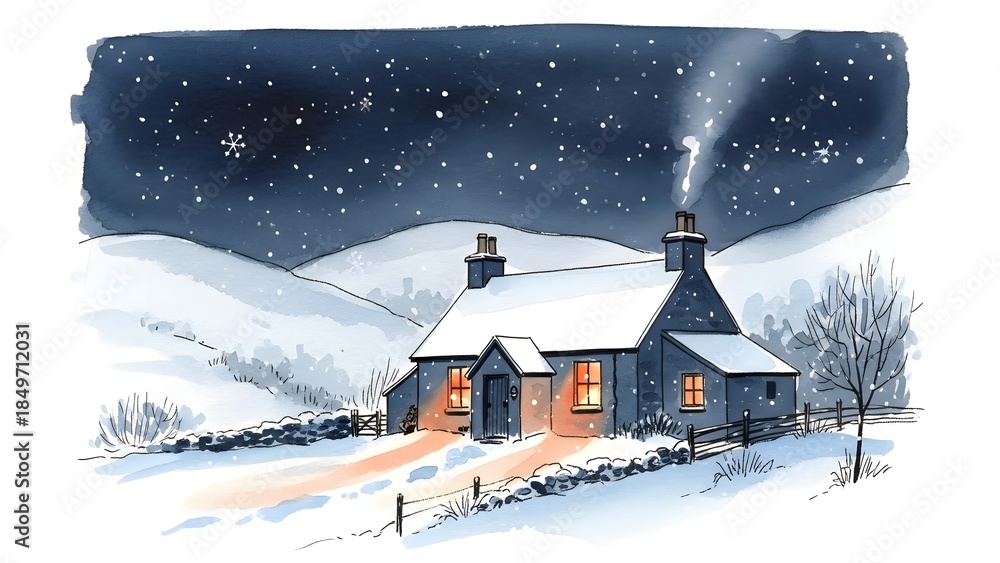Fototapeta premium Snowy nighttime scene of a cozy cottage