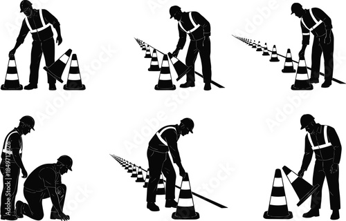 Six different style illustration of construction worker placing traffic cones in line, road safety silhouette, maintenance worker vector art, caution barrier setup