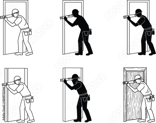 Six different style illustration of construction worker using spirit level tool on door frame, black silhouette craftsman checking alignment, vector industrial art
