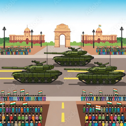 Indian military tanks in parade formation with crowds and India Gate landmark representing national defense and celebration