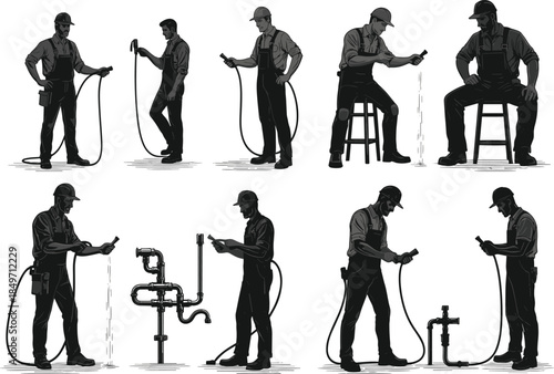 Six different style illustration of plumber worker checking water pressure, black silhouette man using hose and valve, plumbing maintenance vector design