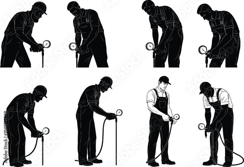 Six different style illustration of mechanic worker checking tire pressure, black silhouette man using air gauge, automotive maintenance vector design