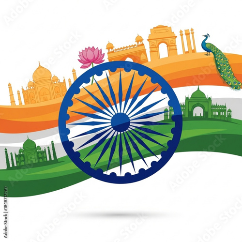 Indian landmarks and flag elements Ashoka Chakra symbol vector illustration for Indias Independence Day or Republic Day