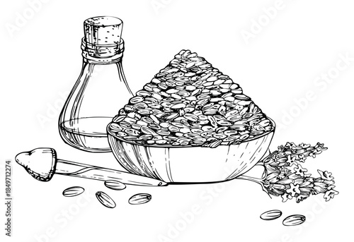 Handmade pottery bowl with lavender, scattered seeds, essential oil glass bottle, pipette dropper, lavandula flower stems. Isolated illustration hand drawn in vector ink. Gift wrap, printable paper