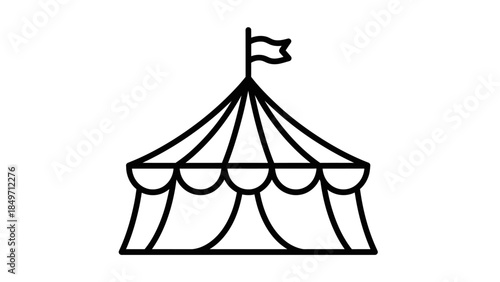 Simple line art drawing of a circus tent with a flag on top, featuring a classic scalloped edge design.