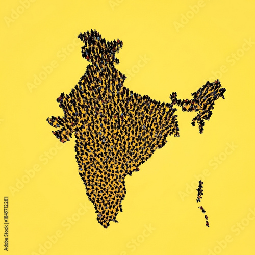 Map of India formed by a crowd of people representing population and unity conceptual illustration on yellow background