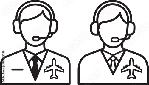 Airline customer service agents with headsets and airplane icon outline