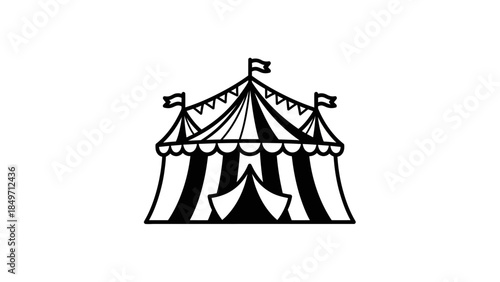 Black and white line art illustration of a classic striped circus tent with flags on top.
