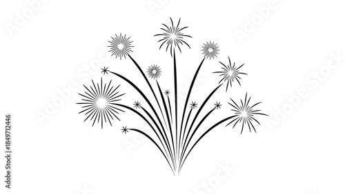 A black and white vector illustration depicting multiple fireworks exploding in a celebratory display.