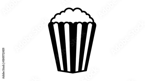 Black and white outline illustration of a classic striped popcorn bucket overflowing with fluffy popcorn, ready for a movie.