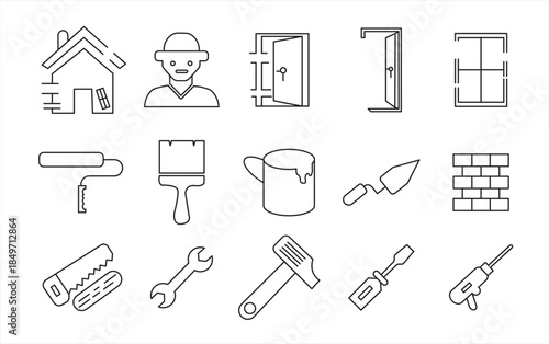 Line icons for home renovation and repair, Linear icons for building tools and equipment, Collection of line vector signs for construction sites and home repair, isolated on transparent background, ve
