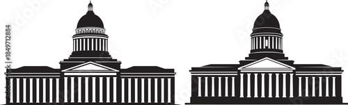 Two black silhouette icons of government building with dome
