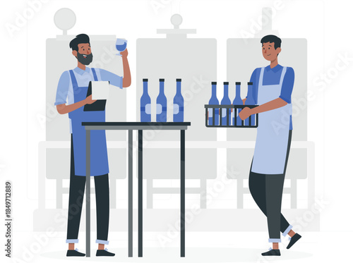 Two brewery workers handling wine bottles and glasses aprons desig