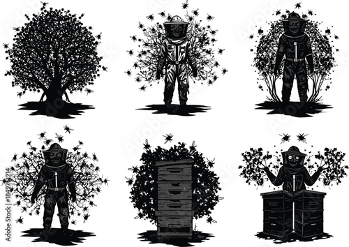 Six different style illustration of zombie beekeeper surrounded by bees and hives, horror apiarist working in field, spooky undead farming vector design