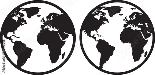 Two black and white globe icons representing earth and world