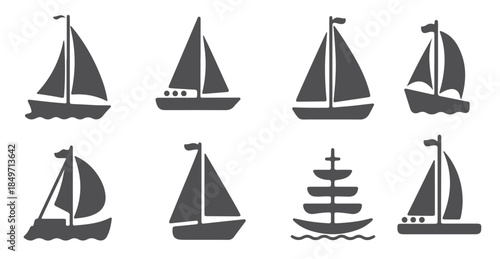 nine dark gray sailboat silhouettes on white background