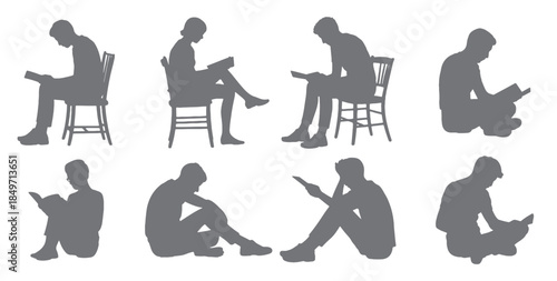  nine gray silhouettes of people reading books and tablets in